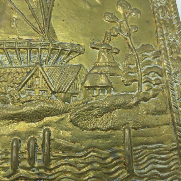 Embossed Brass Wall Hanging-Sailboat -Windmill-Holland Scene- 16"x11.5" Vintage - Picture 5 of 10